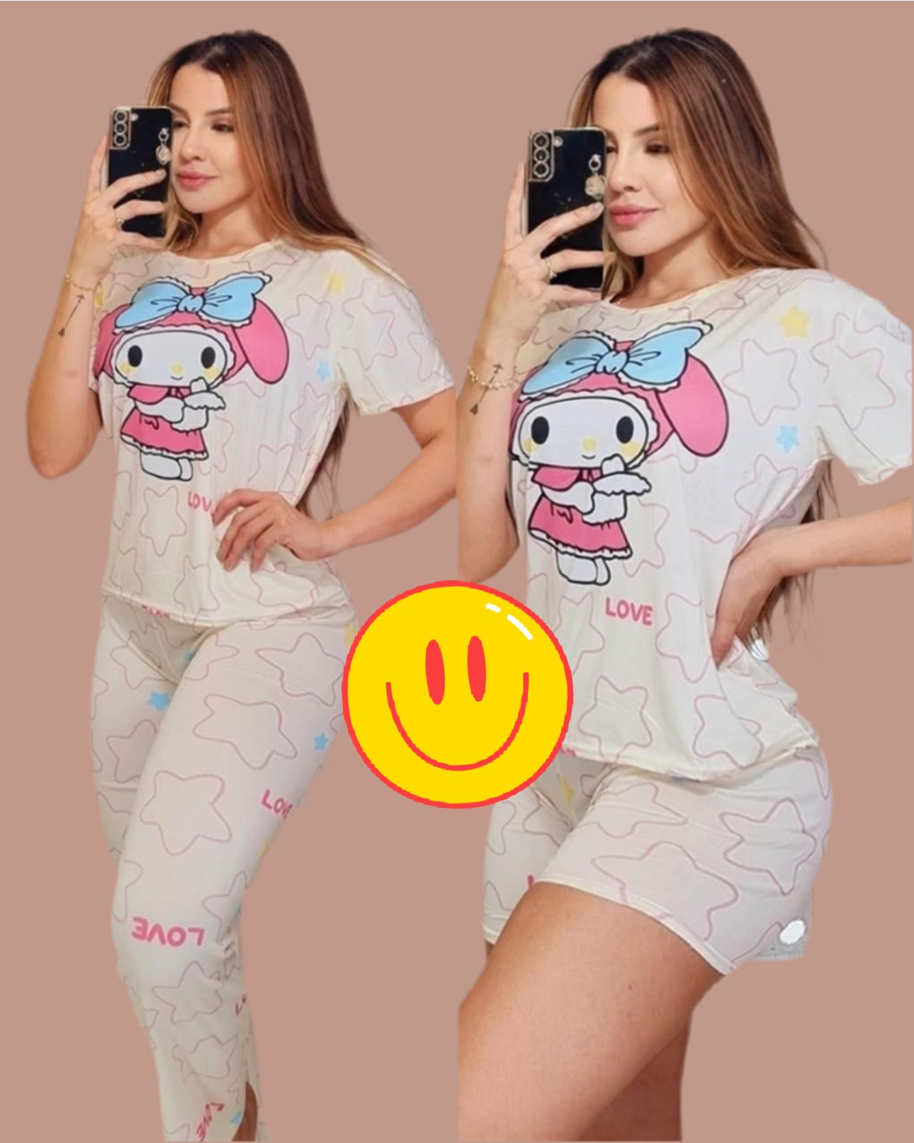 PIJAMA - MELODY CAMISA/PANTALÓN LARGO y CORTO (3pcs)