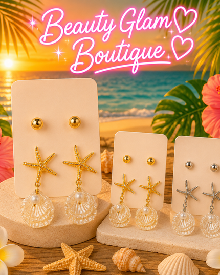 JOYERÍA FASHION - ARETES ESTRELLA CON CONCHA COLGANTE Set de 2pc