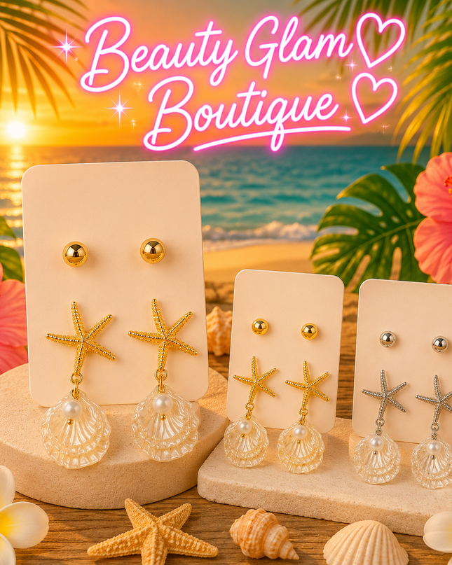 JOYERÍA FASHION - ARETES ESTRELLA CON CONCHA COLGANTE Set de 2pc