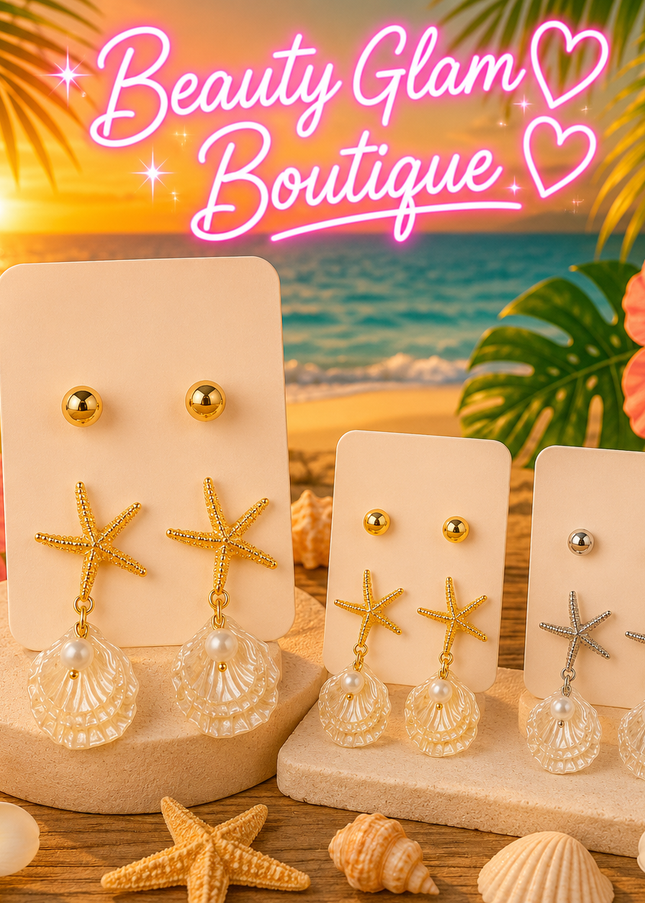 JOYERÍA FASHION - ARETES ESTRELLA CON CONCHA COLGANTE Set de 2pc