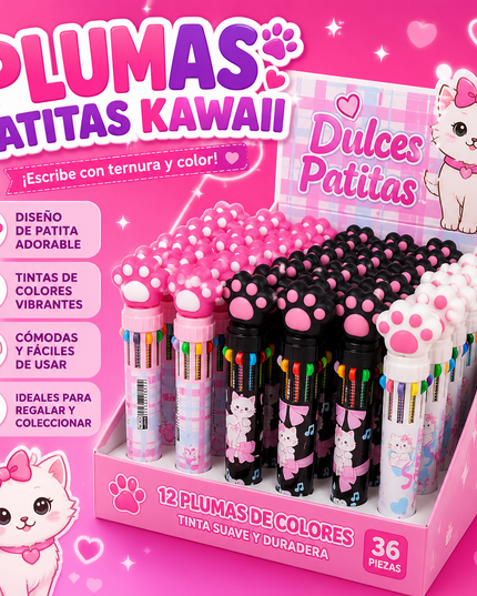 BOLÍGRAFO DE HUELLITA DE GATITO CON 10 COLORES 🐱🐾