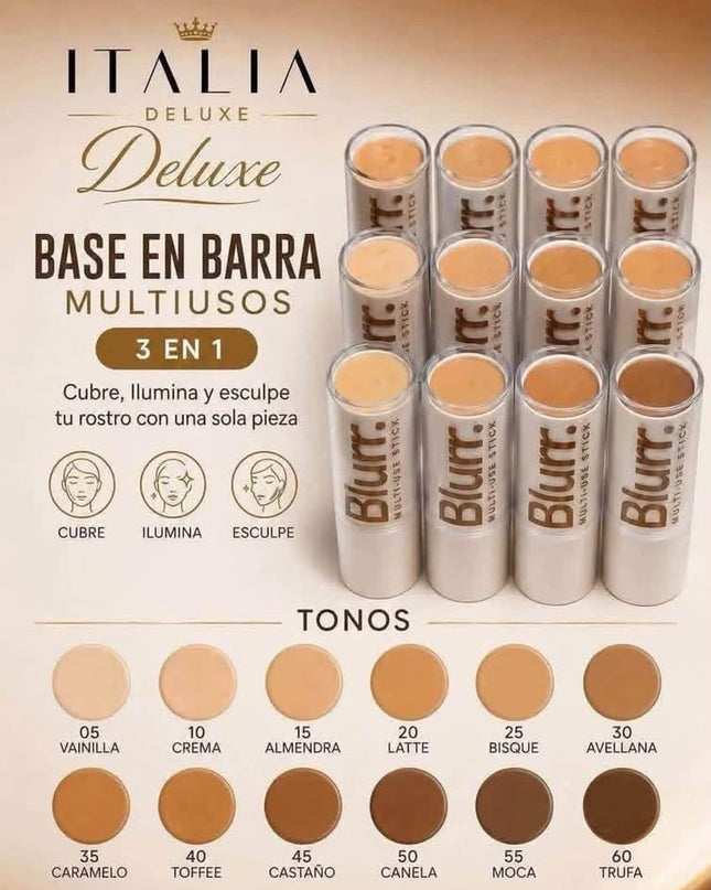 ITALIA DELUXE - BLURR MULTI-USO DE BARRA SUPER MEGA CREMOSAS (BASE, CONCEALER & CONTOUR)