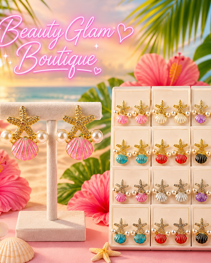 JOYERÍA FASHION - ARETES ESTRELLA CON CONCHA DE 2 PERLAS