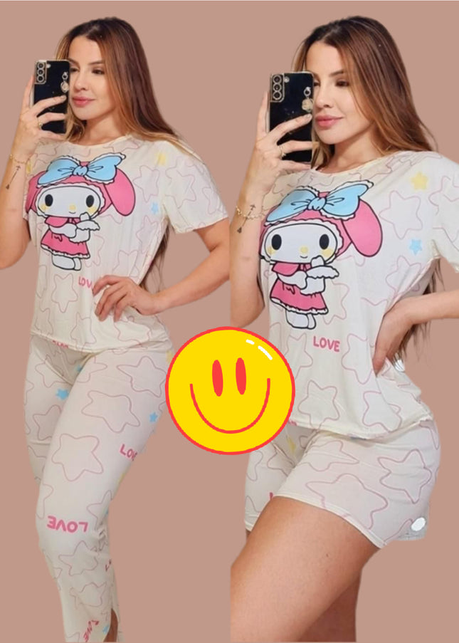 PIJAMA - MELODY CAMISA/PANTALÓN LARGO y CORTO (3pcs)